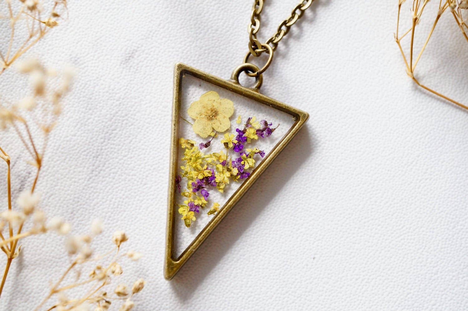 Ann + Joy - Wholesale Pendant/Charm Necklace - Triangle in Purple & Yellow Mix Real Dried Flowers in Resin Necklace2