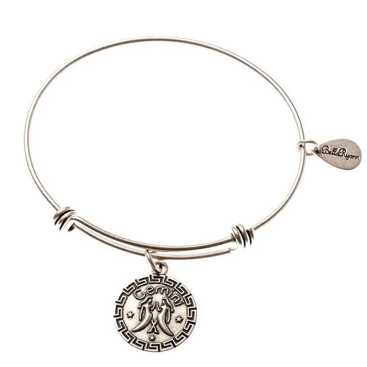 Gemini Zodiac Expandable Bangle Charm Bracelet in Silver for wholesale by BellaRyann