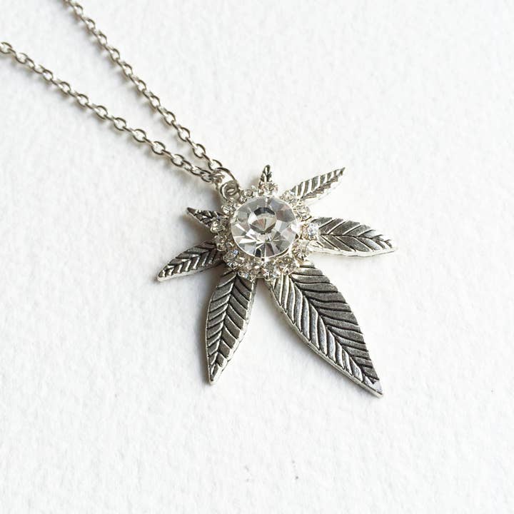 Rhinestone Crystal Cannabis Necklace - Antique Silver for wholesale by Smokies Toke Couture