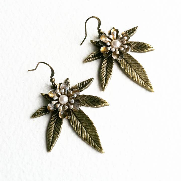Bronze Pearl Flower Cannabis Weed Earrings - stoner gift for wholesale by Smokies Toke Couture