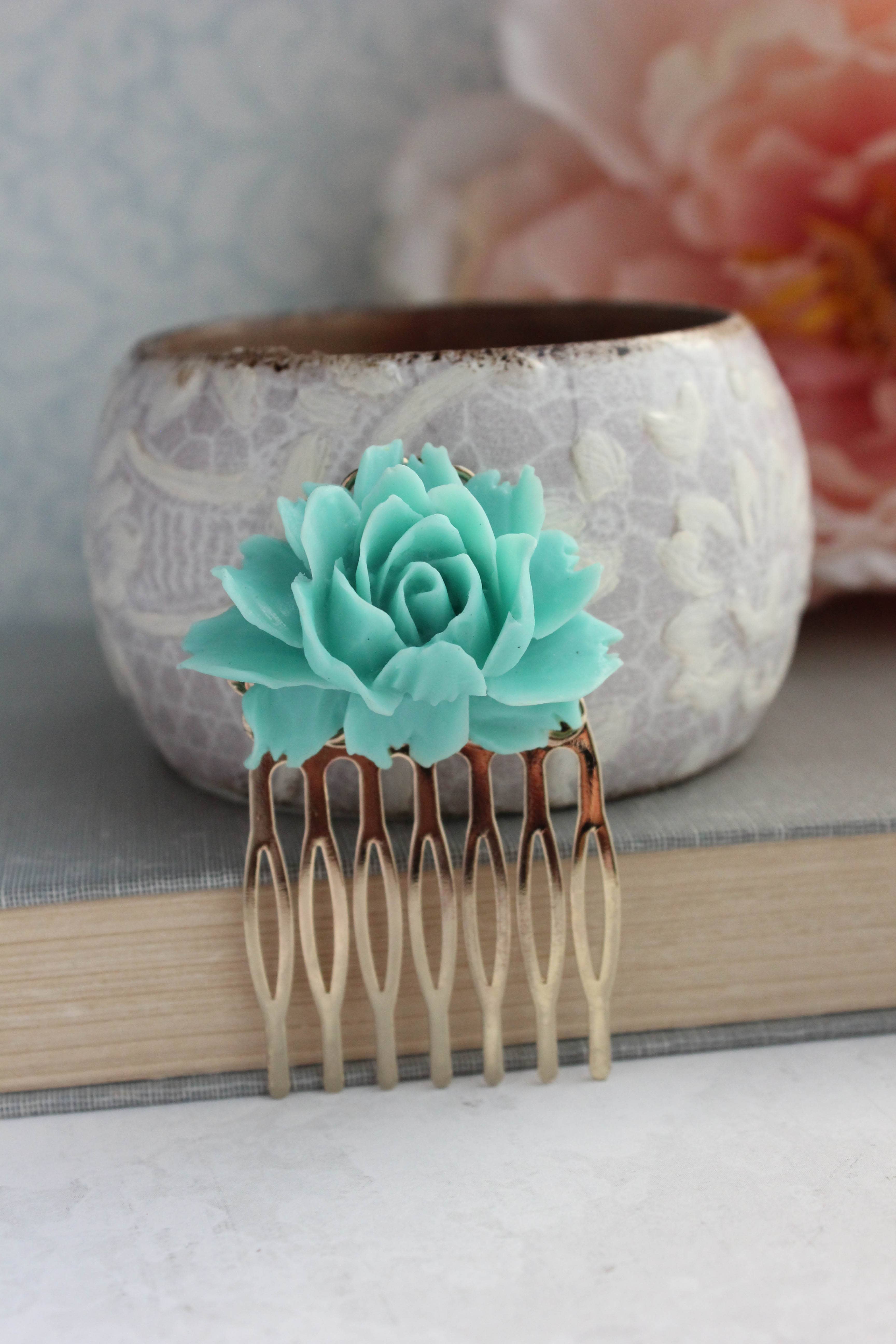A Pocket of Posies - Wholesale Hair Pin - Rose Hair Comb - Teal3