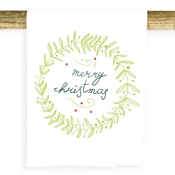 Merry Christmas Wreath Towel for wholesale by Potluck Press