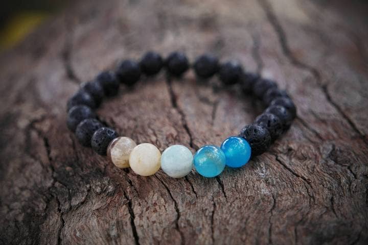 Foxfire Stones - Wholesale Beaded Bracelet - Matte/Black Elastic - Beached / Blue Stripe Agate And Multi-Colored Amazonite Bracelet0