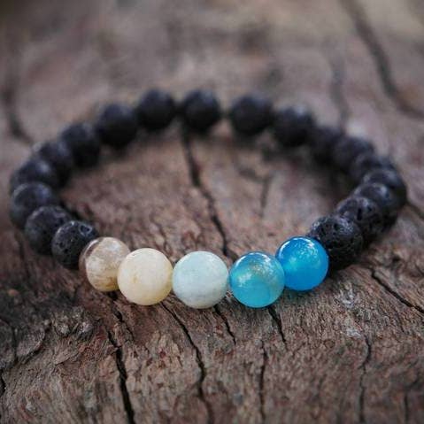 Foxfire Stones - Wholesale Beaded Bracelet - Matte/Black Elastic - Beached / Blue Stripe Agate And Multi-Colored Amazonite Bracelet0