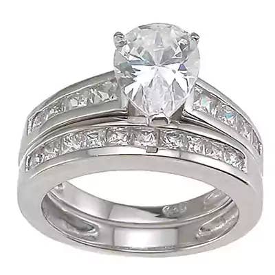 Rhodium Finish Sterling Silver Cubic Zirconia Pear Shape Wedding Ring Set Ring for wholesale by Plutus Brands