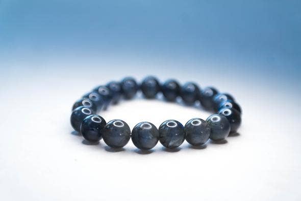 Foxfire Stones - Wholesale Beaded Bracelet - Black Braided Elastic - Dark Gray Labradorite Iridescent Opalescent Healing Stone Bracelet 8mm0