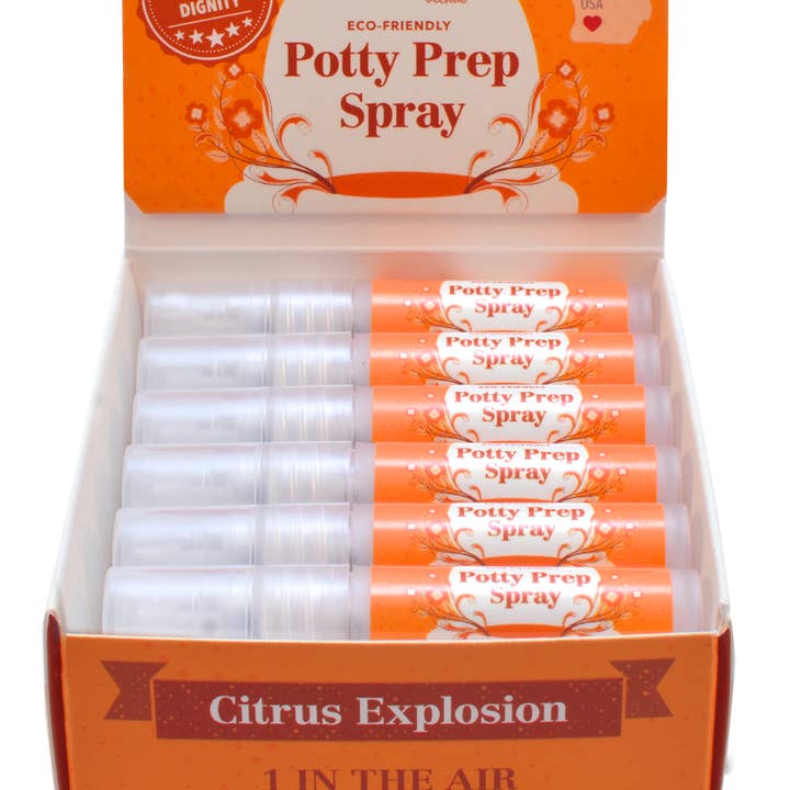 Display w/ 18 Travel SIze Potty Prep Sprays for wholesale by Opulent Blends | Bulk Refill for Waste Free Stores!
