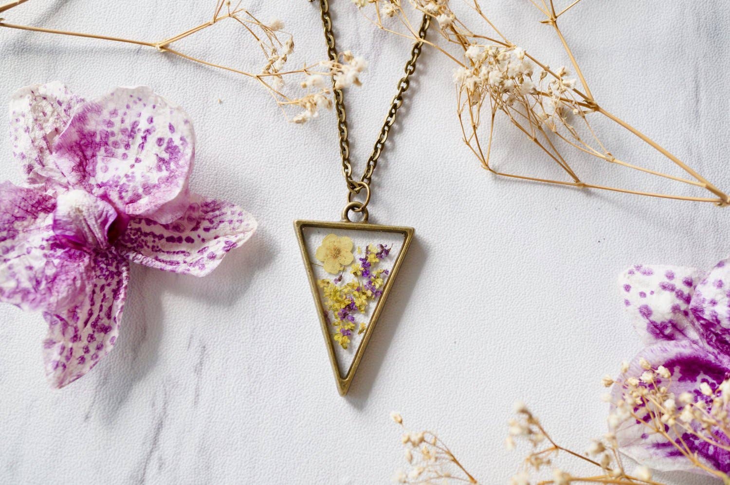 Ann + Joy - Wholesale Pendant/Charm Necklace - Triangle in Purple & Yellow Mix Real Dried Flowers in Resin Necklace1