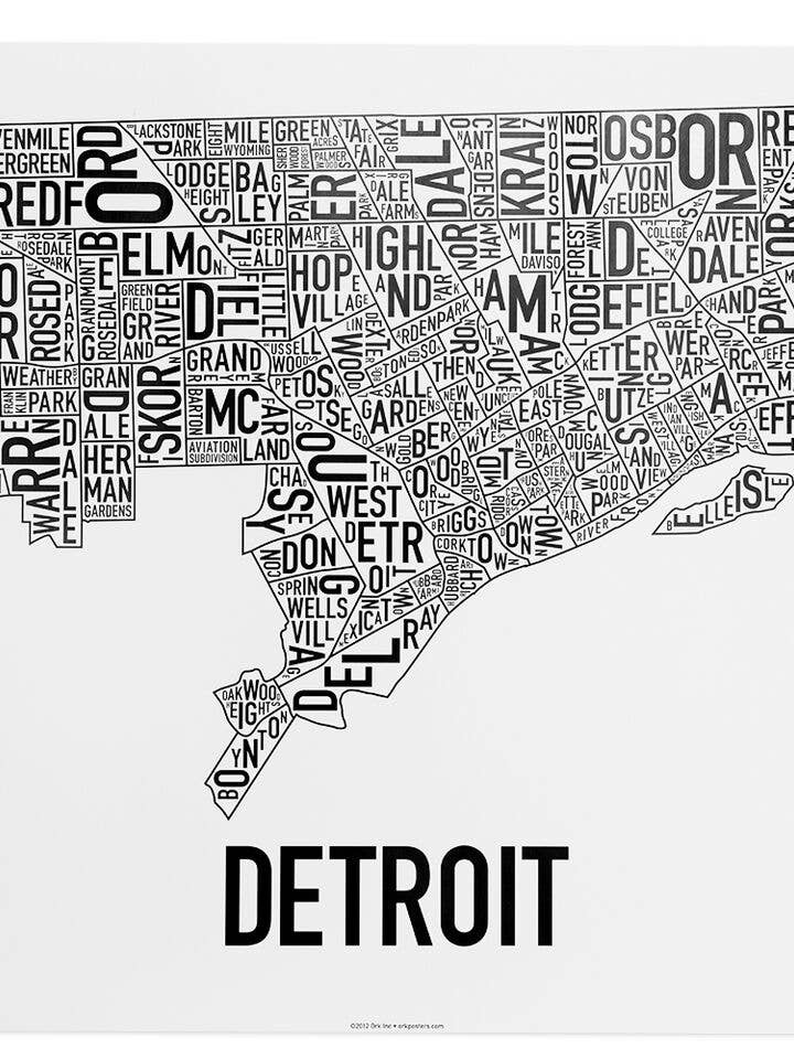 24" x 20" Detroit Neighborhood Map Poster for wholesale by Ork Posters