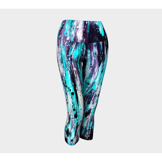 Aqua and Gray Splash Capris for wholesale by EmBellish Active