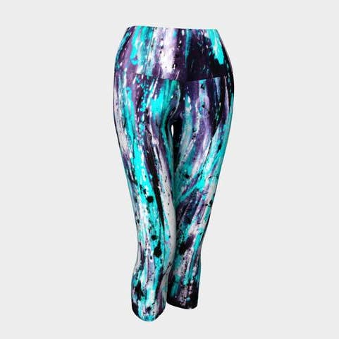Aqua and Gray Splash Capris for wholesale by EmBellish Active