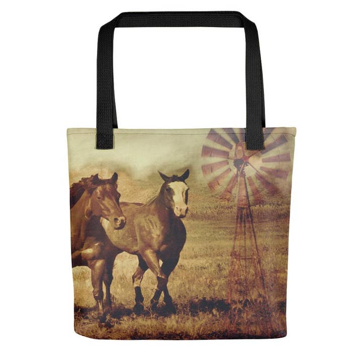 15 X 15 vilda hästar och väderkvarnar Tote Bag för wholesale av Amanda Smith Western Art, LLC