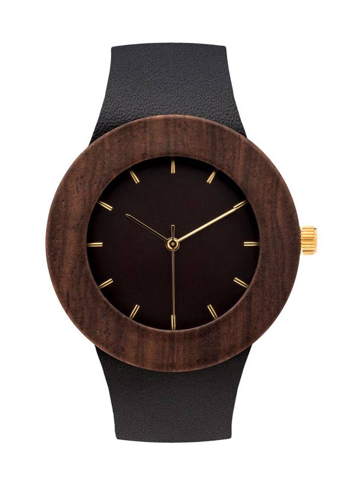 Cuir et bois noir (marquages des heures) pour la vente par Analog Watch Co.