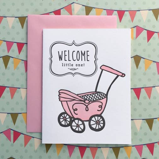 Welcome Baby Pink Buggy - boekdrukkaart voor wholesale door Lucky Bee Press
