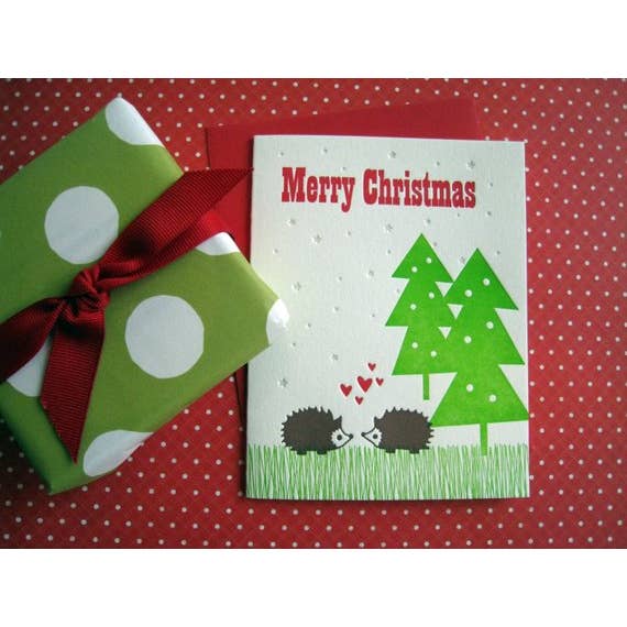Lucky Bee Press - Wholesale Christmas Card - Merry Christmas Hedgehogs - letterpress card