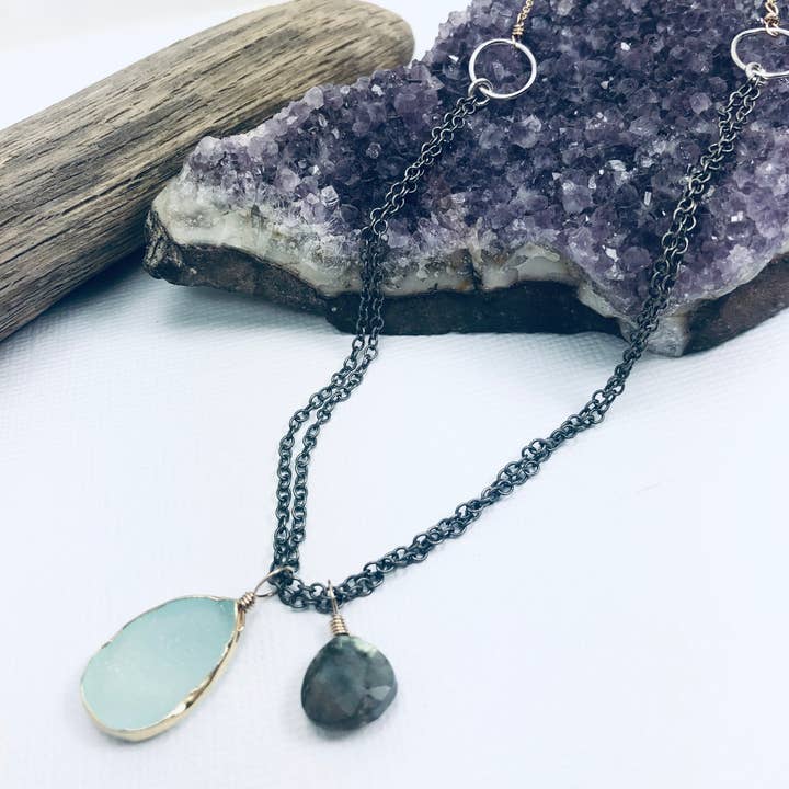 Sea Druzy Necklace - Hammered Circles and Labradorite for wholesale by Laura J Designs