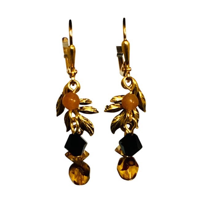 Leaf and Crystal Earrings - jet and tortoise for wholesale by Nancy Neill Designs