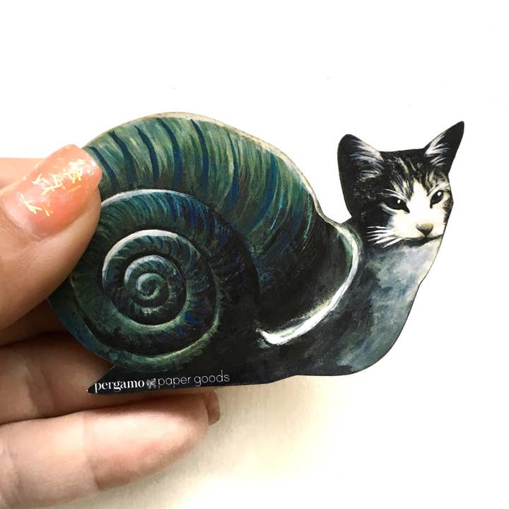 Snail Cat Wood Magnet for wholesale by Pergamo Paper Goods