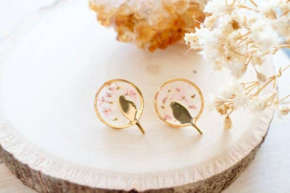 Ann + Joy - Wholesale Stud/Post Earrings - Gold Bird Stud Earrings in White and Light Pink2