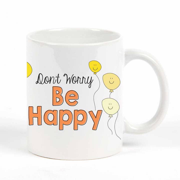 Don't Worry Be Happy Mug for wholesale by Potluck Press