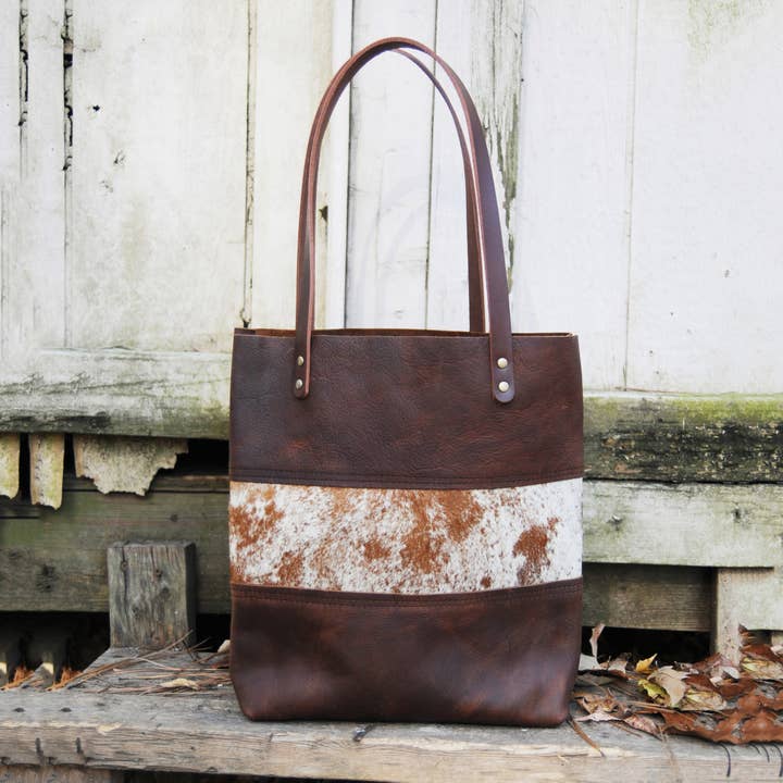 Leather Tote with Cowhide Panel - Tall, Made in NC for wholesale by Hawks & Doves