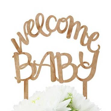 Welcome Baby Script Cake Topper (Cherry Wood) for wholesale by Alexis Mattox Design