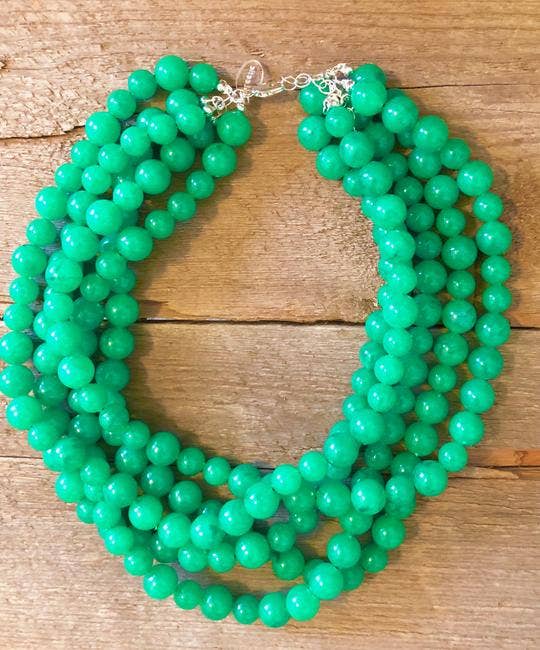 Vintage Green Necklace  3 Strands  Bead  Bright  Retro  60s 70s  Long