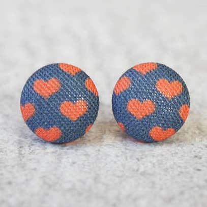 Tiny Red Hearts on Navy Fabric Button Earrings for wholesale by Rachel O's