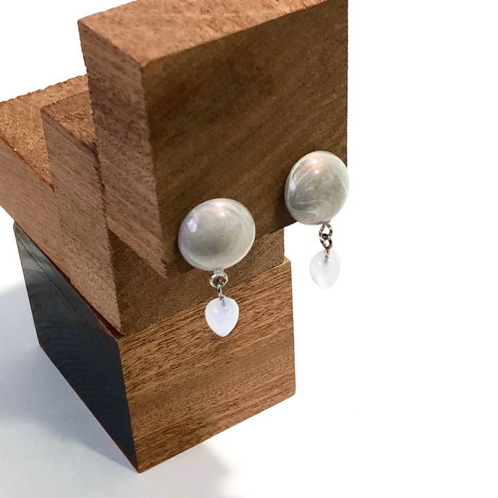 Leetie Lovendale - Wholesale Dangle Earrings - Marbled Grey Button & Blue Opal Drop Earrings