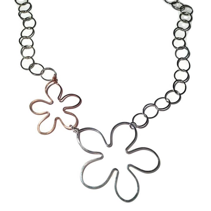 2 Flower Necklace - Silver/Rose/Gold for wholesale by Beth Jewelry