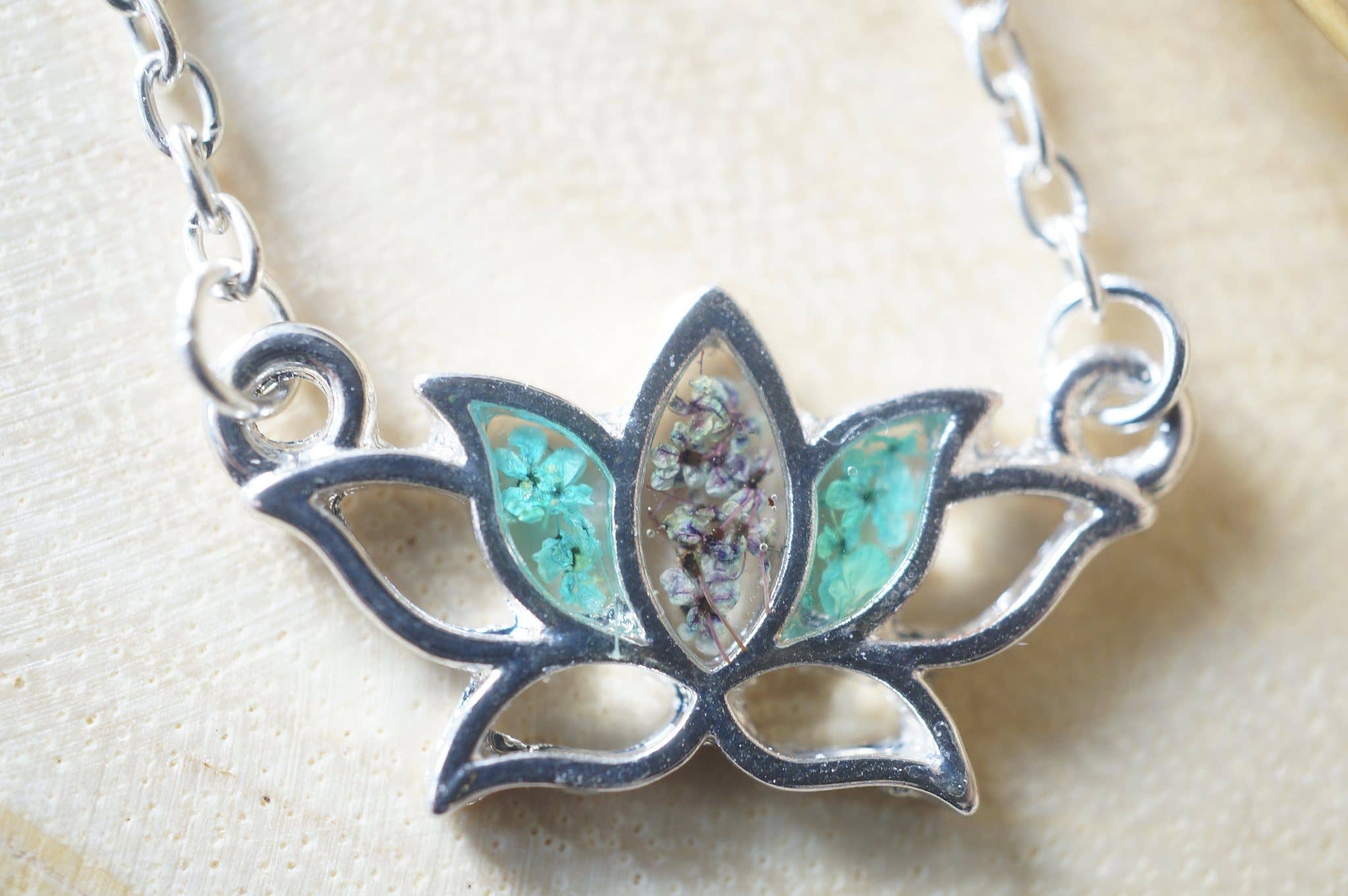 Ann + Joy - Wholesale Pendant/Charm Necklace - Silver Lotus Flower in Teal & Deep Purple Real Pressed Flowers and Resin Necklace2
