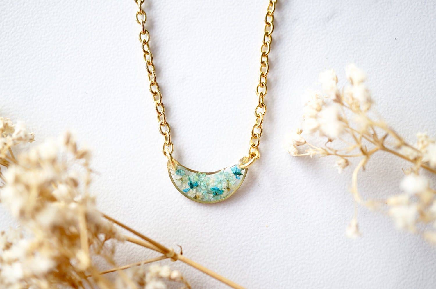 Ann + Joy - Wholesale Pendant/Charm Necklace - Gold Half Moon in Teal, Mint & White Real Dried Flowers in Resin Necklace0
