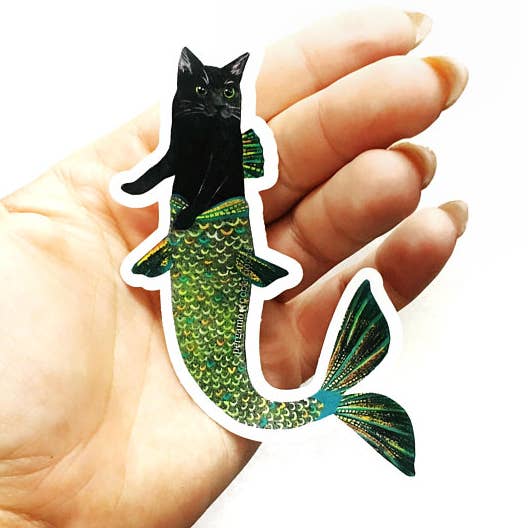 Black Cat Mermaid Sticker - 4" for wholesale by Pergamo Paper Goods