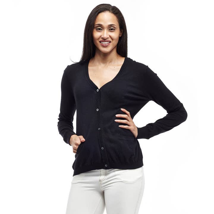 Long Sleeve Cardigan with Pockets - BLACK for wholesale by La Cera