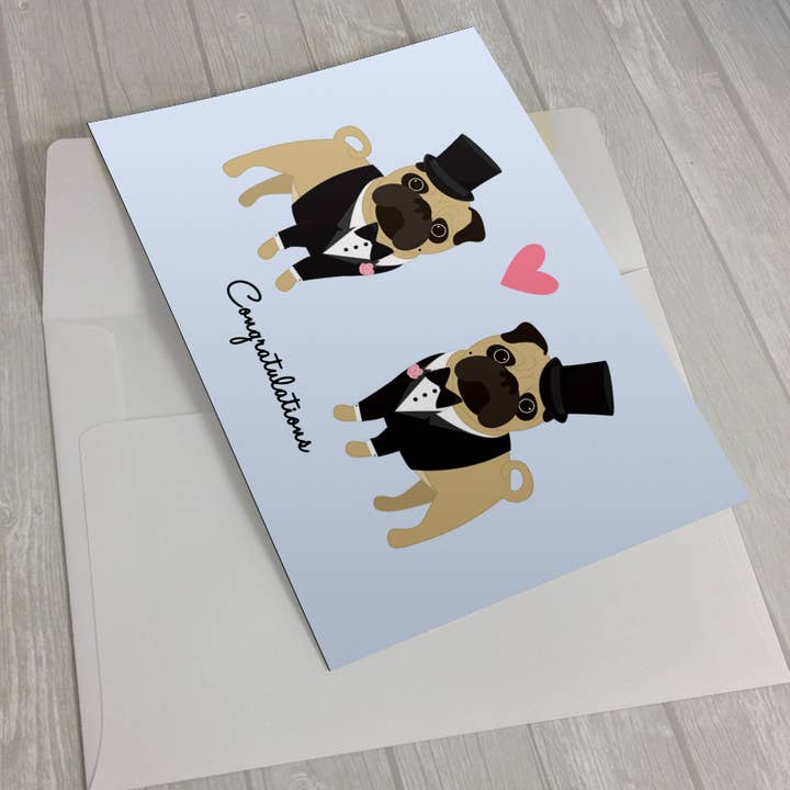 Wedding Pugs 2 Grooms Carte de vœux 5 x 17,8 cm pour la vente par Sophisticated Pup