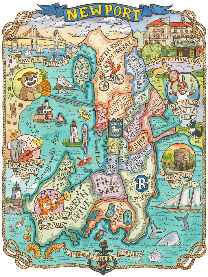 Impression cartographique Newport RI 8" x 10" pour la vente par SepiaLepus Illustration