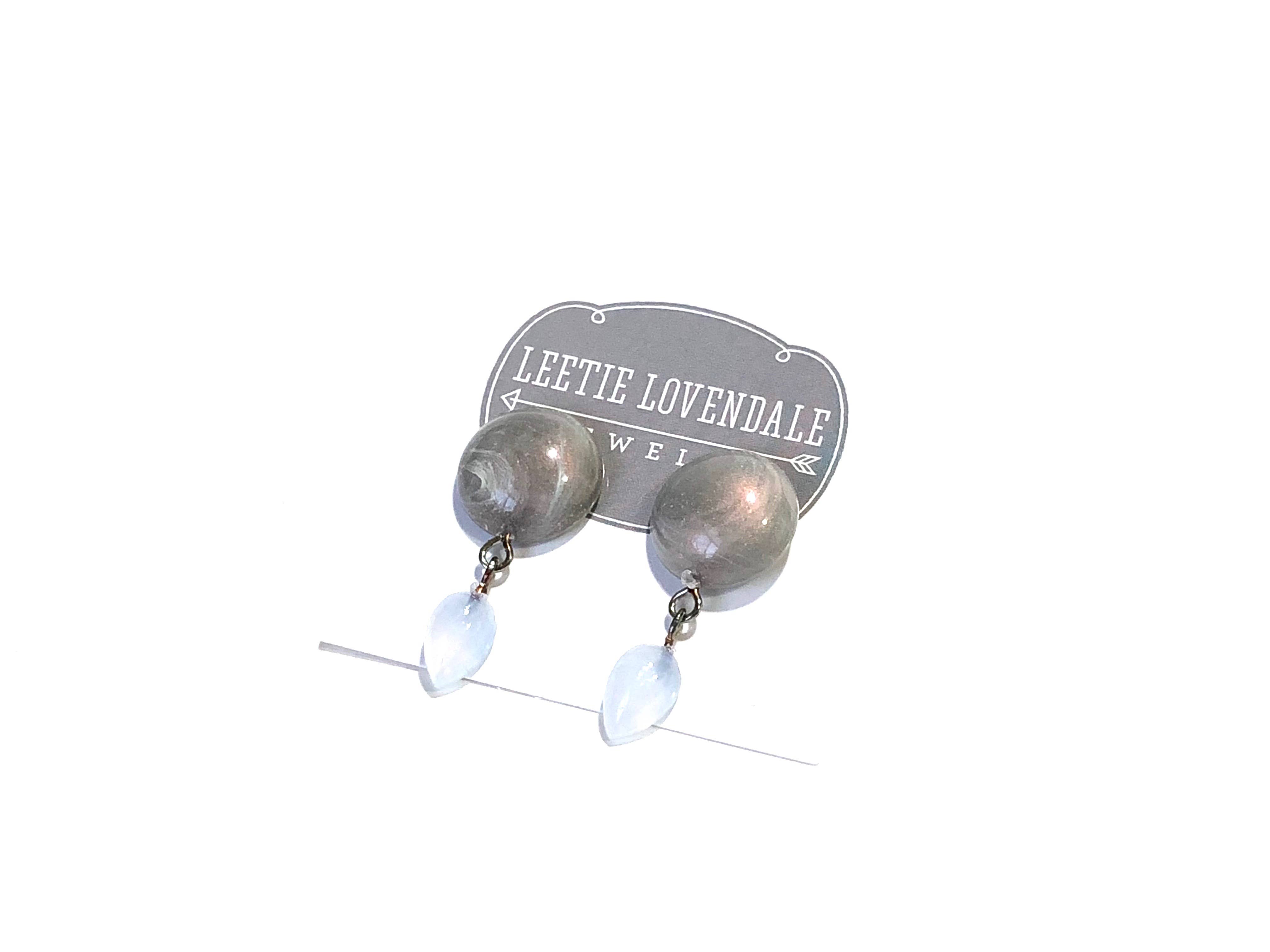 Leetie Lovendale - Wholesale Dangle Earrings - Marbled Grey Button & Blue Opal Drop Earrings6