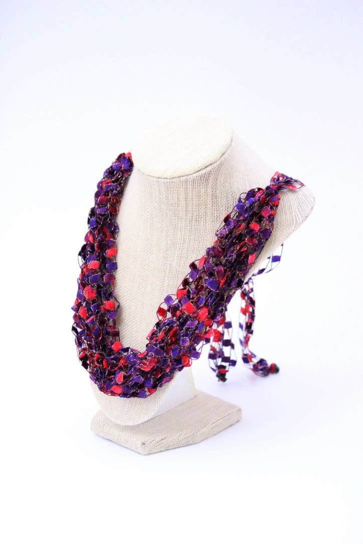 Crochetlaces - Wholesale Woven Necklace - Red Purple Adjustable Necklace With Decorative Bead0