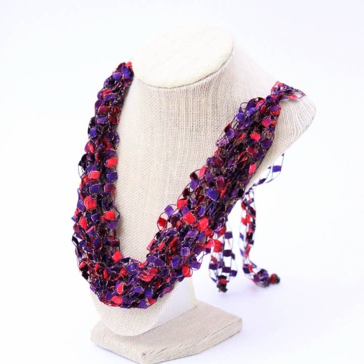 Crochetlaces - Wholesale Woven Necklace - Red Purple Adjustable Necklace With Decorative Bead