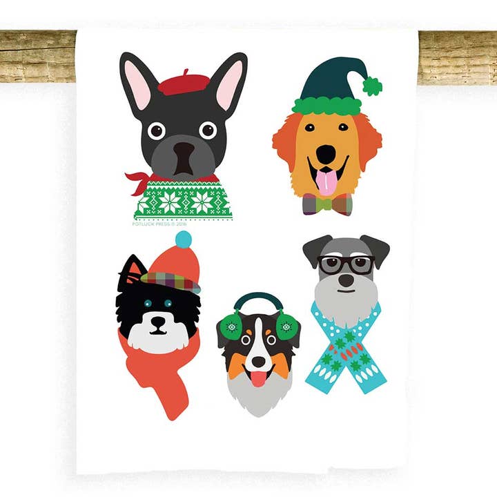 Potluck Press - Wholesale Tea towel - Holiday Dog Characters Towel