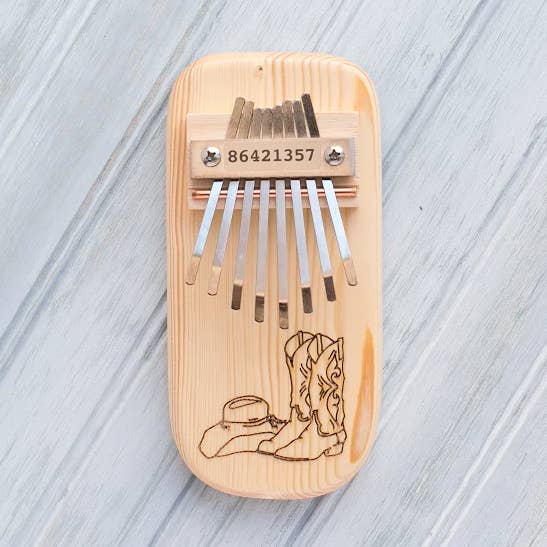 Cowboy Boots Engraved Thumb Piano for wholesale by Mountain Melodies LLC