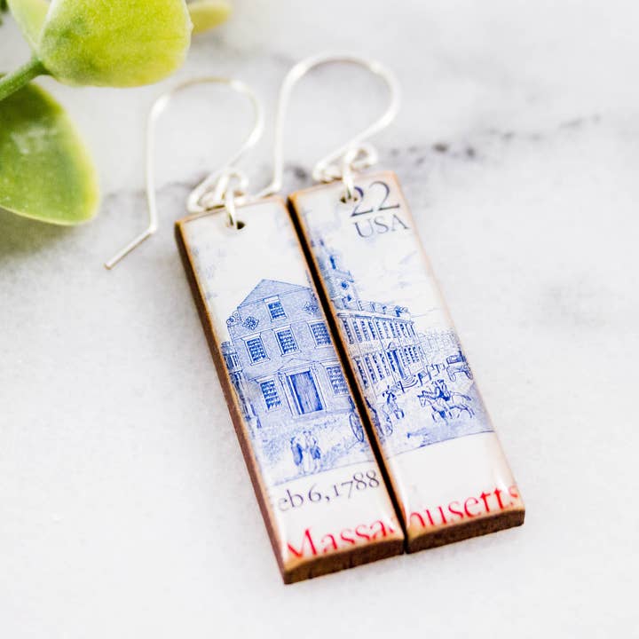 Massachusetts Vintage Postage Stamp Earrings for wholesale by No Man's Land
