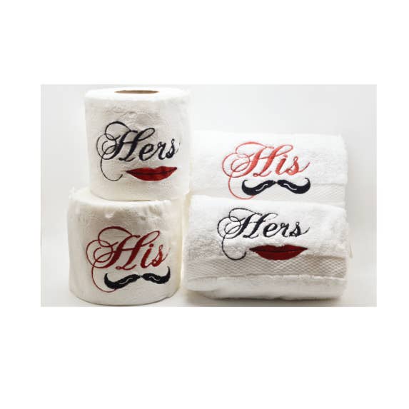 His and Hers Toilet Paper and Hand Towels for wholesale by And Sew On... Custom Embroidery and More