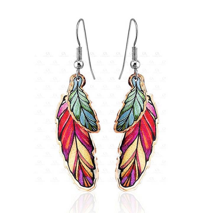CA YM 108 Copper Red & Green Feather Earrings  for wholesale by COPPER ARTS INC.