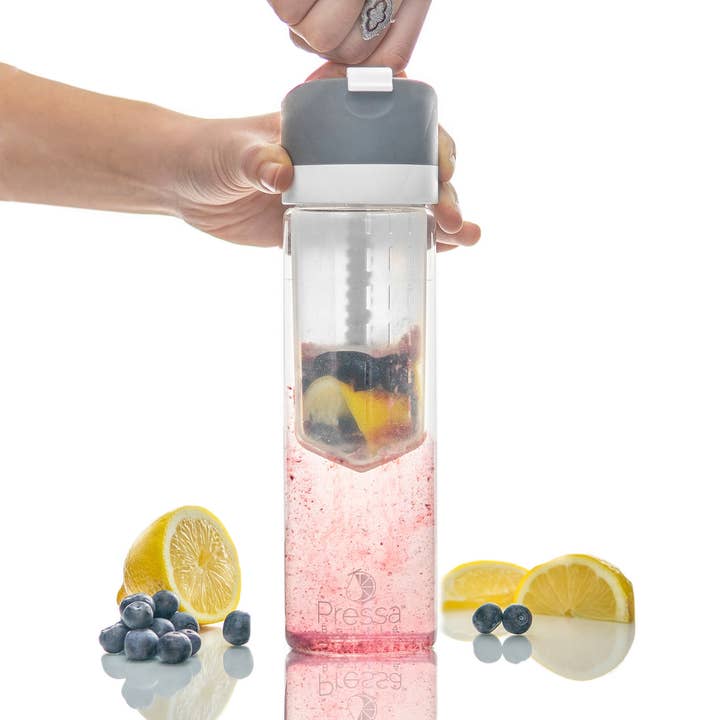 Charcoal Plastic New Water Bottle - With Fruit Press for wholesale by Pressa Bottle - Flavor water, sangria, cocktails naturally.