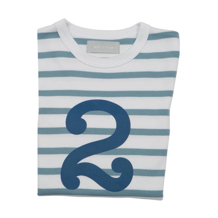 Gestreiftes T-Shirt Nummer 2 Ozeanblau-weiß für den Großhandel von Bob & Blossom Ltd