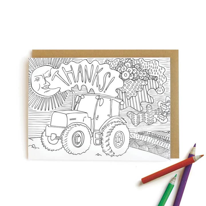Tractor Thanks | Kids Coloring Cards for wholesale by Wild Ink Press