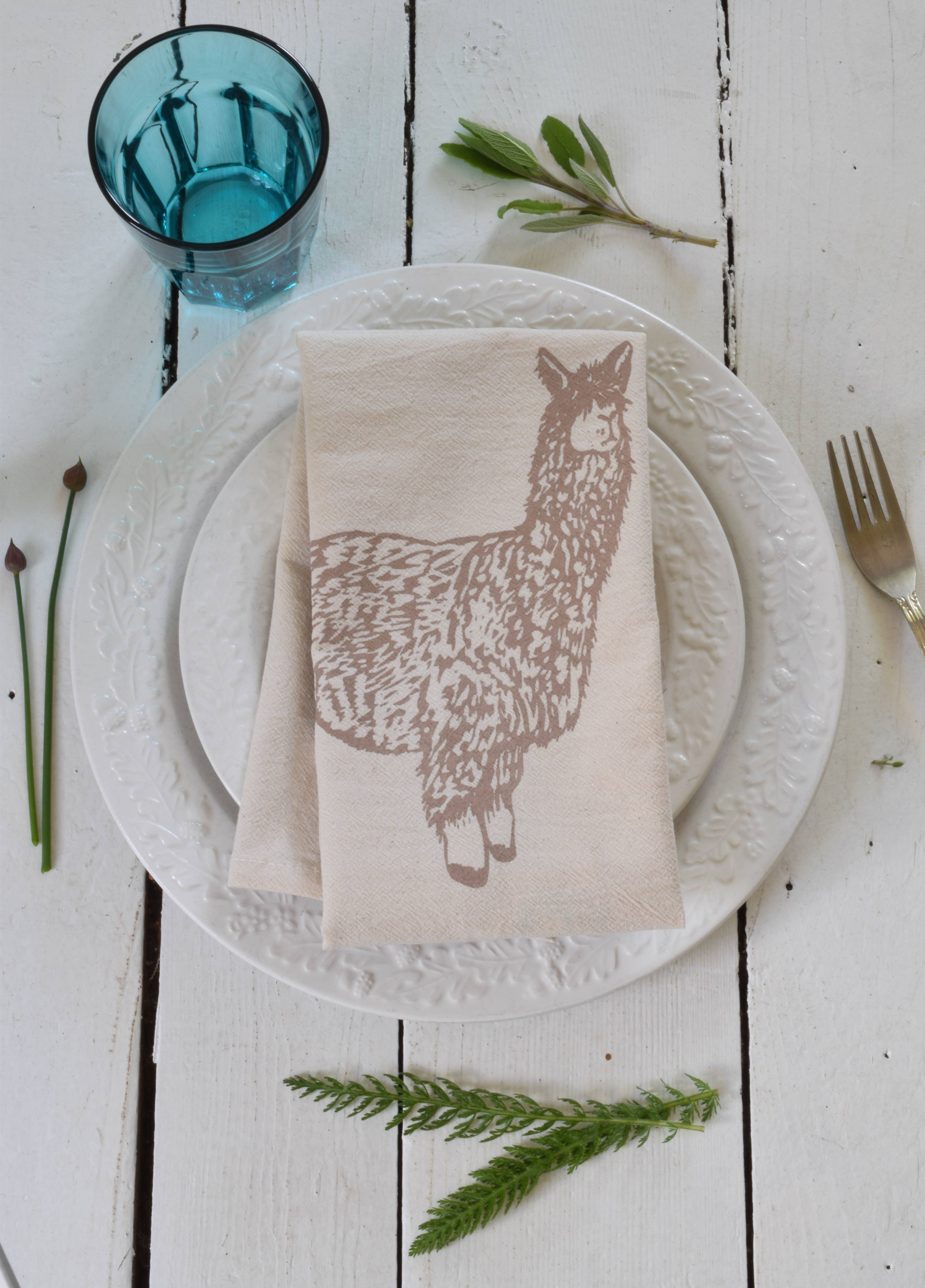 Hearth and Harrow - Wholesale Dinner & Cloth Napkin - Set of 4 Organic Cotton Llama Napkins - Mocha Brown - Animal0