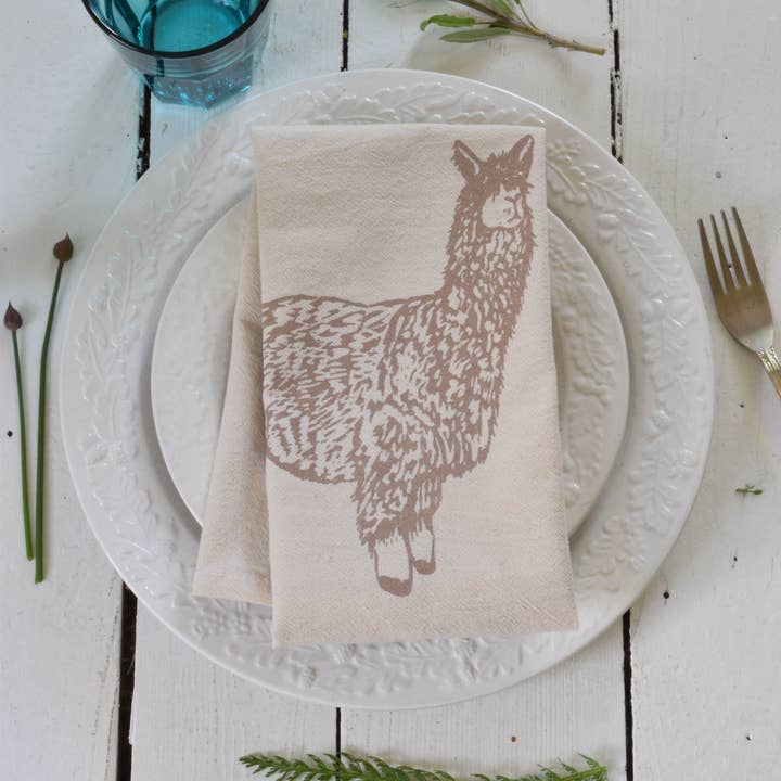Hearth and Harrow - Wholesale Dinner & Cloth Napkin - Set of 4 Organic Cotton Llama Napkins - Mocha Brown - Animal