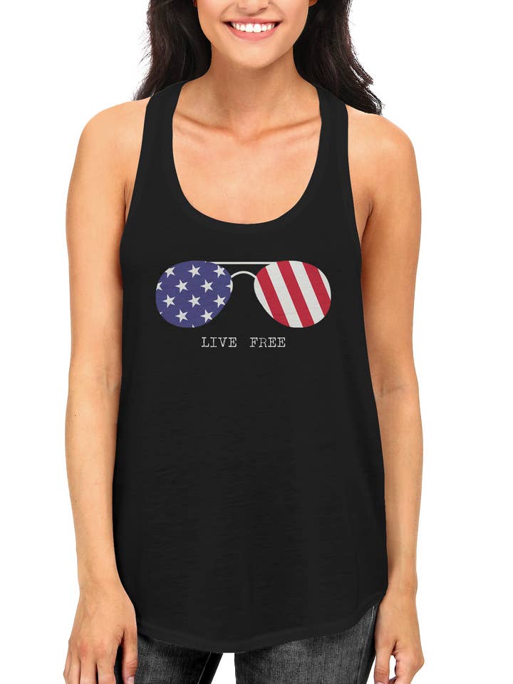 Live Free US Flag Sunglasses Racerback Tank Top for wholesale by 365 In Love